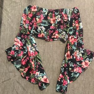 Tropical Print Off the Shoulder Crop Top